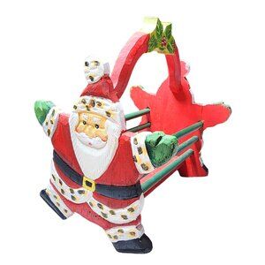 Hand Painted Santa Claus Wooden Star Basket Christmas Holly Handle Carved Cute